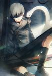  android animal bird blindfold boots cable choker commentary gloves light_particles male_focus md5_mismatch nier_(series) nier_automata pale_skin shorts sitting solo steel_beam swan takerusilt white_hair wire yorha_no._9_type_s 