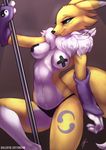  2017 anthro ballistic-cottontail black_sclera blue_eyes breasts bridal_gauntlets brown_background canine clothed clothing dancing digimon english_text female fox fur mammal navel partially_clothed pole pole_dancing raised_leg renamon signature simple_background solo tape text thong tuft white_fur yellow_fur 