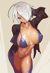  ahoge angel_(kof) arm_behind_back arm_up bikini blue_bikini breasts chaps collarbone contrapposto covered_nipples cowboy_shot fingerless_gloves gloves hair_over_one_eye huge_breasts jacket long_sleeves navel open_clothes open_jacket red_eyes shiny shiny_skin silver_hair snk solo standing swimsuit the_king_of_fighters tomoyuki_kotani unaligned_breasts 