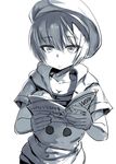  beret breasts cleavage commentary_request greyscale hat hood hood_down hoodie jitome lolicept looking_at_viewer medium_breasts monochrome original shinjin-chan_(lolicept) short_hair solo white_background 