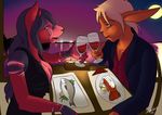  2013 5_fingers alcohol anthro beverage biped black_clothing black_dress black_fur black_hair black_nose black_topwear breasts candle canine cleavage clothed clothing date detailed_background digital_media_(artwork) dinner dress dress_shirt duo eeveelution eye_contact eyebrows female fish flareleon flareon food fox full_moon fur glass hair holding_glass holding_object humanoid_hands juxzebra long_hair male mammal marine moon multicolored_fur night nintendo open_mouth orange_fur plate pok&eacute;mon purple_sky red_clothing red_fur red_shirt red_topwear romantic rosamia sea shirt short_hair signature sitting sky smile snout suit table tan_hair video_games water white_fur wine 