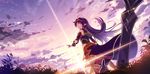  ahoge cloud detached_sleeves fingerless_gloves from_behind from_below gloves highres hips kyokucho long_hair md5_mismatch outstretched_arms planted_weapon pointy_ears purple_hair red_eyes sky solo sword sword_art_online waist_cape weapon yellow_eyes yuuki_(sao) 