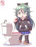  alternate_costume casual check_commentary commentary commentary_request dated green_eyes green_hair hair_ornament hair_ribbon hairclip highres holding hood hooded_jacket jacket jitome kanon_(kurogane_knights) kantai_collection long_hair pleated_skirt ribbon simple_background sketch skirt slippers solo sweat thighhighs toilet_seat triangle_mouth white_background yamakaze_(kantai_collection) zettai_ryouiki 