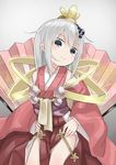  alternate_costume aruma_(sawayaka_tokuko_miruku) blue_eyes detached_sleeves grey_background hibiki_(kantai_collection) highres hinamatsuri japanese_clothes kantai_collection kimono long_hair obi red_kimono saishi sash silver_hair smile solo wide_sleeves 