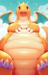  2017 ambiguous_gender antennae brown_eyes brown_scales claws cloud cute dragon dragonite horn looking_at_viewer membranous_wings nintendo nude orange_horn orange_scales pok&eacute;mon scales scalie sky smile solo toe_claws video_games white-castle wings 