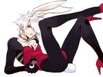  animal_ears arjuna_(fate/grand_order) ass blue_eyes bunny_boy bunny_ears bunnysuit character_doll commentary_request dark_skin dark_skinned_male fate/apocrypha fate/grand_order fate_(series) karna_(fate) looking_at_viewer male_focus solo stuffed_toy white_hair zuwai_kani 
