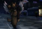  anthro black_nose brown_fur canine clothed clothing detailed_background dog duo eyes_closed fur kitchiki mammal night outside snow snowing standing 