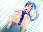  barefoot blue_hair blue_swimsuit blush breasts competition_swimsuit dutch_angle erect! game_cg hands_on_own_knees large_breasts long_hair nose_blush official_art one-piece_swimsuit piromizu ponytail purple_eyes ririela_churack seiza sidelocks sitting solo swimsuit 