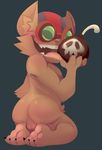  anthro backsack balls bomb brown_fur butt deadbeats explosives eyewear fur glasses hat holding_object inner_ear_fluff kneeling league_of_legends licking looking_at_viewer male nude pawpads simple_background skull smile teeth tongue tongue_out video_games yordle ziggs 