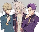  blonde_hair closed_eyes dark_skin dark_skinned_male fate/apocrypha fate/extra fate/grand_order fate_(series) formal gawain_(fate/extra) green_eyes lancelot_(fate/grand_order) long_hair male_focus multiple_boys one_eye_closed purple_hair siegfried_(fate) simple_background smile suit syubare white_hair 