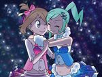  aqua_hair asymmetrical_hair brown_hair bubbles earrings eyes_closed friends gray_eyes happy haruka_(pokemon) hug idol lucia_(pokemon) midriff navel pokemon ponytail ribbon short_hair skirt smile sparkles tiara wink yuri 