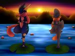  2016 amphibian anthro anthrofied barefoot blue_skin breasts brooke detailed_background duo eyes_closed fan_character female fin fish flower frog greninja lake leg_markings leg_wraps lily_pad long_tongue marine markings meditation ninja nintendo nipples outside plant pok&eacute;mon pose scarf standing sunset sweetlemondragon tail_fin thick_thighs tongue video_games webbed_feet wide_hips wraps wrist_wraps 