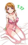  babydoll bed_sheet blush bow bra breasts brown_hair cleavage commentary_request dated frilled_bra frills front-tie_top hair_ornament hairpin highres koizumi_hanayo large_breasts lingerie looking_at_viewer love_live! love_live!_school_idol_project navel no_shoes off_shoulder panties pink_babydoll pink_bow pink_bra pink_panties polka_dot polka_dot_scrunchie purple_eyes scrunchie shiny shiny_skin short_hair side-tie_panties sitting smile solo thighhighs thighs underwear wariza white_legwear wrist_scrunchie yopparai_oni 