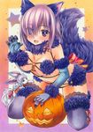  animal_ears blush breasts dangerous_beast elbow_gloves fate/grand_order fate_(series) fou_(fate/grand_order) fur_trim gloves hair_over_one_eye halloween halloween_costume jack-o'-lantern looking_at_viewer marker_(medium) mash_kyrielight medium_breasts open_mouth purple_eyes revealing_clothes short_hair smile star tail thighhighs traditional_media type-moon wolf_tail yuto_takumi 