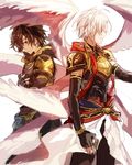  2boys armor back-to-back brown_hair fingerless_gloves gloves granblue_fantasy highres image_sample lucifer_(shingeki_no_bahamut) male_focus multiple_boys multiple_wings red_eyes sandalphon_(granblue_fantasy) seraph shingeki_no_bahamut twitter_sample white_hair wings 