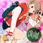  adjusting_clothes adjusting_shoe album_cover backpack bag bangs blue_background blunt_bangs brown_hair cable closed_mouth cover cross-laced_footwear digital_media_player earphones eyebrows_visible_through_hair hair_ornament hair_tie hand_up jacket keishin key leg_up letterman_jacket listening_to_music long_hair long_sleeves looking_at_viewer miniskirt original red_jacket shirt shoes skirt sneakers socks solo standing standing_on_one_leg twintails white_legwear yellow_footwear 