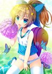  :d aqua_skirt bangs between_legs blue_bow blue_eyes blush bow bow_panties brown_hair bug butterfly cheerleader collarbone commentary eyebrows_visible_through_hair fang flat_chest grass hair_between_eyes hair_bow hand_between_legs hand_up insect light_rays long_hair looking_at_viewer moe2017 no_pants open_mouth original outdoors panties pleated_skirt pom_poms ponytail regress shoes sidelocks sitting skirt skirt_removed smile sneakers solo sparkle squirrel_tail sunbeam sunlight tail thighhighs underwear v-shaped_eyebrows white_legwear white_panties 