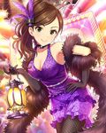  alternate_costume artist_request black_gloves brown_hair dress earrings elbow_gloves etou_misaki_(idolmaster) feather_boa feather_hair gloves green_eyes idolmaster idolmaster_cinderella_girls jewelry lantern official_art pantyhose purple_dress side_ponytail 