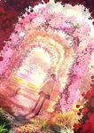  arch blouse building cardigan cat commentary_request facing_away floral_arch flower fountain grass highres kun52 lens_flare original pantyhose petals pink_flower pink_rose red_flower red_rose rose rose_petals scenery skirt walking 