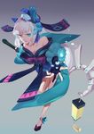  aoandon bad_leg bare_shoulders black_gloves blue_eyes blue_lipstick blue_nails elbow_gloves full_body gloves hair_ornament highres lantern lipstick long_hair makeup nail_polish onmyoji onmyouji ossi outstretched_hand solo staff standing standing_on_one_leg very_long_hair white_hair 