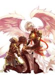  2boys brown_hair crying downscaled fingerless_gloves gloves granblue_fantasy highres kneeling lucifer_(granblue_fantasy) male_focus md5_mismatch multiple_boys multiple_wings red_eyes resized sandalphon_(granblue_fantasy) seraph short_hair white_hair wings 