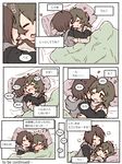 arm_pillow bed blanket brown_hair colorized comic cuddling ear_licking eargasm flying_sweatdrops hair_ornament hairclip licking m_k multiple_girls open_mouth original pillow short_hair tongue translated yuri 