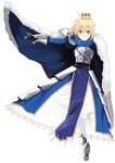  armor armored_dress artoria_pendragon_(all) blonde_hair blue_cape cape crown dress fate/stay_night fate_(series) gauntlets greaves green_eyes pinch_(nesume) saber solo translucent 
