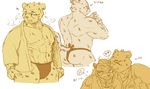  &lt;3 anthro blush bulge butt cheetah clothed clothing eyes_closed eyewear feline fundoshi glasses hand_on_head japanese_clothing male mammal muscular open_shirt sheeporwolf simple_background solo standing sweat underwear 