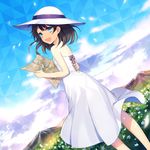  absurdres achiki album_cover bangs bare_shoulders black_hair blue_eyes blue_sky cloud cloudy_sky commentary_request cover day dress field flower flower_field from_behind grass hat highres holding looking_at_viewer looking_back map open_mouth original outdoors sky smile solo standing sun_hat sundress white_dress white_flower white_hat 