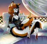  anthro beverage breasts cat clothed clothing feline female fur hair looking_at_viewer mammal pillow solo tavin tea 