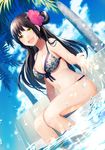  achiki bangs bikini black_hair blue_sky blurry blush breasts cleavage cloud cloudy_sky day depth_of_field dutch_angle eyebrows_visible_through_hair floral_print front-tie_bikini front-tie_top green_eyes knees_together_feet_apart long_hair looking_at_viewer medium_breasts navel open_mouth original outdoors palm_tree pool poolside sidelocks sitting sky smile soaking_feet solo splashing strap_gap swimsuit thighs tree water white_bikini 
