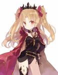  bangs between_breasts black_dress black_legwear black_leotard blush bow breasts cloak closed_mouth commentary_request dress ereshkigal_(fate/grand_order) eyebrows_visible_through_hair fate/grand_order fate_(series) frown gold_trim hair_bow hand_on_hip hood hooded_cloak leotard long_hair looking_at_viewer mizumizu_(phoenix) parted_bangs pink_bow short_dress simple_background single_thighhigh skull small_breasts solo standing strap_cleavage sweatdrop thighhighs two_side_up white_background 