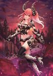  armor bad_id bad_pixiv_id black_footwear black_legwear boots breasts cleavage demon_horns dragon full_body gauntlets h2o_(dfo) horns large_breasts long_hair midriff navel original pink_hair red_eyes solo tail thighhighs tower 