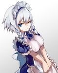  apron blue_dress blue_eyes braid breasts commentary_request dress highres izayoi_sakuya large_breasts maid maid_headdress md5_mismatch nuqura puffy_short_sleeves puffy_sleeves short_hair short_sleeves silver_hair solo touhou twin_braids underbust waist_apron 