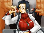  black_hair breasts cum cum_on_hair glasses hairjob jewelry justice_gakuen labcoat large_breasts long_hair minazuki_kyouko penis rashime_emisa ribbed_sweater sweater turtleneck 