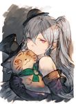  bare_shoulders cat elbow_gloves gloves granblue_fantasy hat highres junwool mini_hat orchis red_eyes side_ponytail silver_hair stuffed_animal stuffed_toy 