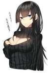  black_hair blue_eyes breasts cleavage daijoubu?_oppai_momu? highres large_breasts long_hair meme_attire onineko-chan open-chest_sweater original simple_background solo sweater translated white_background 