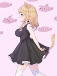  :3 animal_ears bandaid bandaid_on_shoulder bangs black_dress blonde_hair blue_eyes blush breasts cat_ears cat_girl cat_tail closed_mouth dress eyebrows_visible_through_hair fang_out fish from_side impossible_clothes large_breasts long_hair original over-kneehighs pink_background simple_background sleeveless sleeveless_dress smile solo tail thighhighs ushinomiya wavy_hair white_legwear 