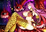  absurdres armpits breasts bustier claws cleavage cleavage_cutout closed_mouth crossed_legs fate/grand_order fate_(series) gorgon_(fate) hair_intakes highres k_kung large_breasts long_hair looking_at_viewer monster_girl navel purple_hair red_eyes rider scales sitting slit_pupils smile snake solo stomach very_long_hair 