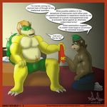  anthro ape barefoot beanie bedroom border bowser boxer_briefs bulge cartoon_network clothed clothing crossover dialogue duo english_text gorilla hat horn imminent_sex jeans kneeling legwear male male/male mammal mario_bros musclegut my_gym_partner&#039;s_a_monkey nintendo nipples pants primate scalie shell signature sitting slightly_chubby socks speech_bubble star_ringer text topless underwear video_games windsor_gorilla 