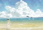  beach cloud cloudy_sky commentary_request day dolphin dress hat kun52 lens_flare ocean original outdoors scenery seascape see-through short_hair sky standing sun_hat white_dress 