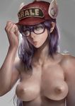  alternate_form areolae bangs baseball_cap blue_eyes breasts breasts_apart character_name clothes_writing collarbone dr._slump glasses grey_background hand_on_headwear hand_up hat highres lips lipstick long_hair looking_at_viewer makeup medium_breasts nipples norimaki_arale nose nude older parted_lips pink_lips pink_lipstick puppeteer_lee purple-framed_eyewear purple_hair red_hat round_eyewear signature small_breasts solo upper_body winged_hat wings 