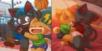  basketball bedding black_fur blush boots bulge canine cat clothing cub dog duo eyes_closed feline footwear fur hat hindpaw jersey male male/male mammal moketiw multicolored_fur on_one_leg open_mouth paws shorts standing two_tone_fur underwear young 