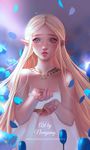  bangs bare_shoulders blonde_hair blue_eyes cupping_hands dress forehead freckles highres jewelry lips long_hair looking_at_viewer necklace nose numyumy parted_bangs petals pointy_ears princess_zelda sidelocks solo strapless strapless_dress the_legend_of_zelda the_legend_of_zelda:_breath_of_the_wild thick_eyebrows very_long_hair water white_dress 