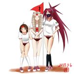  3girls ahoge artist_request black_legwear brown_eyes brown_hair buruma closed_eyes commentary_request dated drill_hair flag full_body gym_uniform headband highres himezaki_aoi justice_gakuen kazama_akira kirishima_yurika mask moero!_justice_gakuen multiple_girls one_eye_closed ponytail purple_hair red_headband shirt socks spiked_hair twin_drills v white_legwear white_shirt 