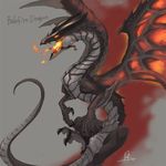  balefire_dragon dragon english_text featureless_crotch feral fire fire_breathing flying grey_background horn long_neck long_tail magic_the_gathering open_mouth quadruped scalie signature simple_background slim solo text zaebos 