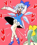  :d bloomers blue_dress blue_footwear blue_hair bow cirno clenched_hands commentary daiyousei dress flying_sweatdrops from_behind full_body green_hair hair_bow hand_behind_head heart highres ice ice_wings komaku_juushoku legs long_sleeves looking_at_another mary_janes multiple_girls open_hand open_mouth outstretched_arm pink_background pose ribbon shirt shoes side_ponytail simple_background smile socks touhou underwear white_legwear white_shirt wings 