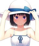  1girl 3: achiki bangs bare_arms bare_shoulders black_hair blush collarbone dress eyebrows_visible_through_hair hands_on_headwear hat highres looking_at_viewer original purple_eyes short_hair simple_background sleeveless sleeveless_dress solo sun_hat sundress upper_body white_background 