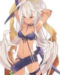 armpits arms_behind_head arms_up bangs belt beltskirt bikini blue_bikini breasts cleavage closed_mouth commentary_request cowboy_shot dark_skin eyebrows_visible_through_hair grey_hair hair_between_eyes legs_apart long_hair looking_to_the_side medium_breasts merc_storia mizumizu_(phoenix) navel red_eyes revealing_clothes sakyura_(merc_storia) simple_background solo swimsuit very_long_hair white_background 