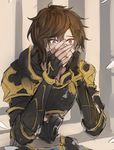  armor brown_hair feathers granblue_fantasy hand_on_own_face male_focus md5_mismatch red_eyes resized sandalphon_(granblue_fantasy) tearing_up whalebrother 